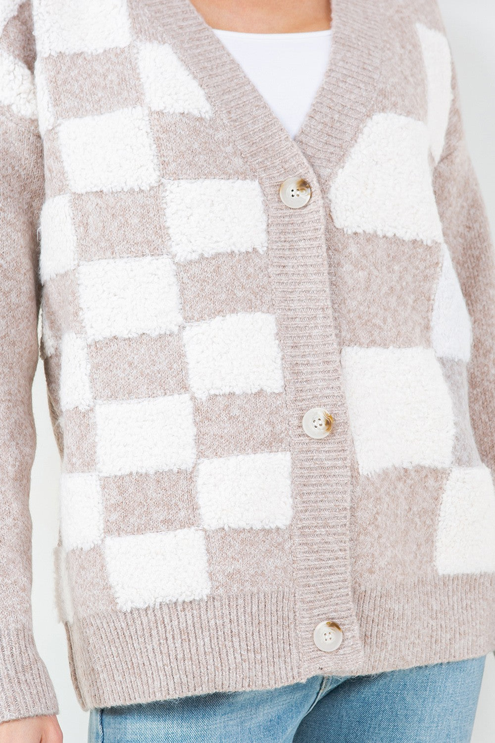 Taupe Check Button Cardi