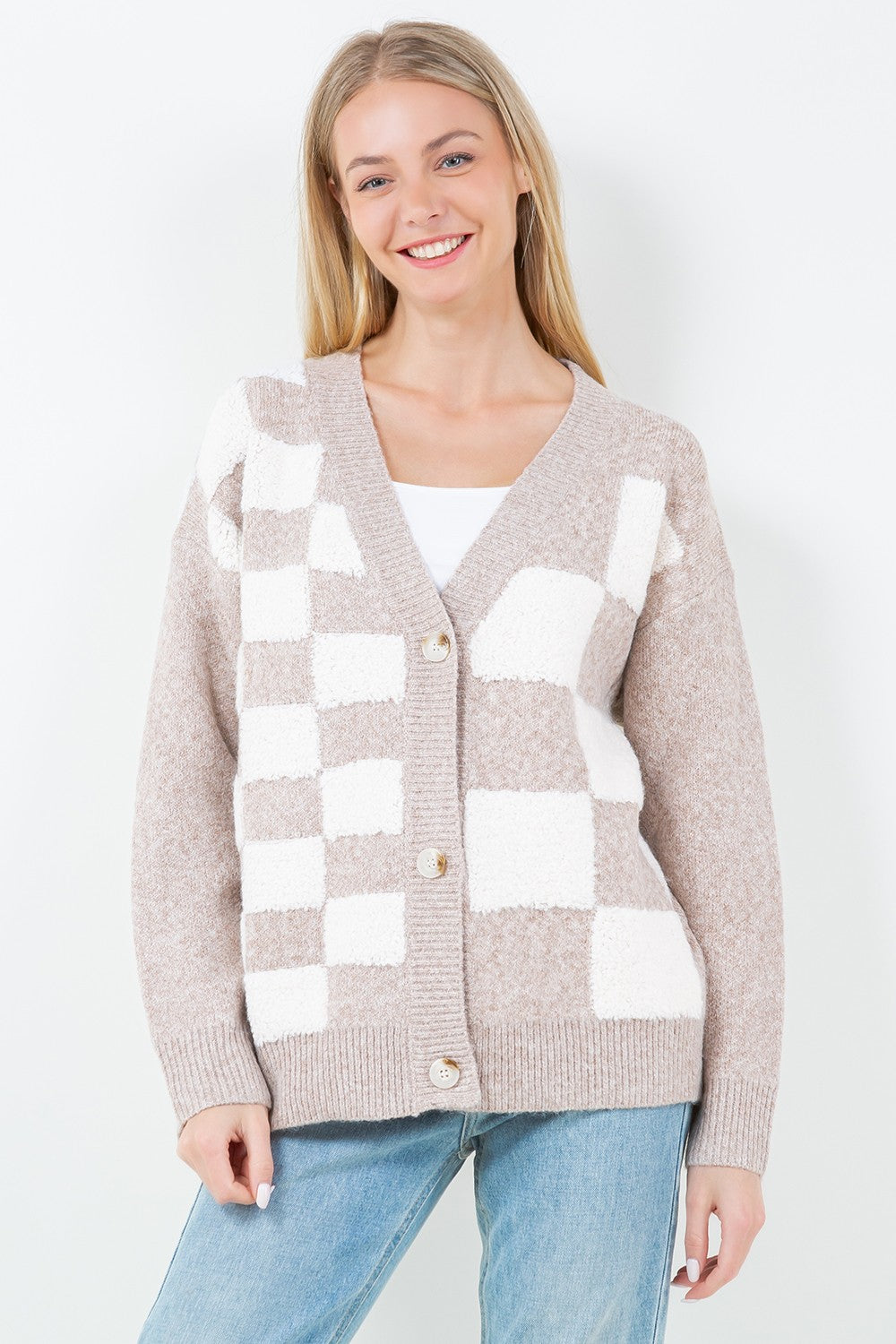 Taupe Check Button Cardi