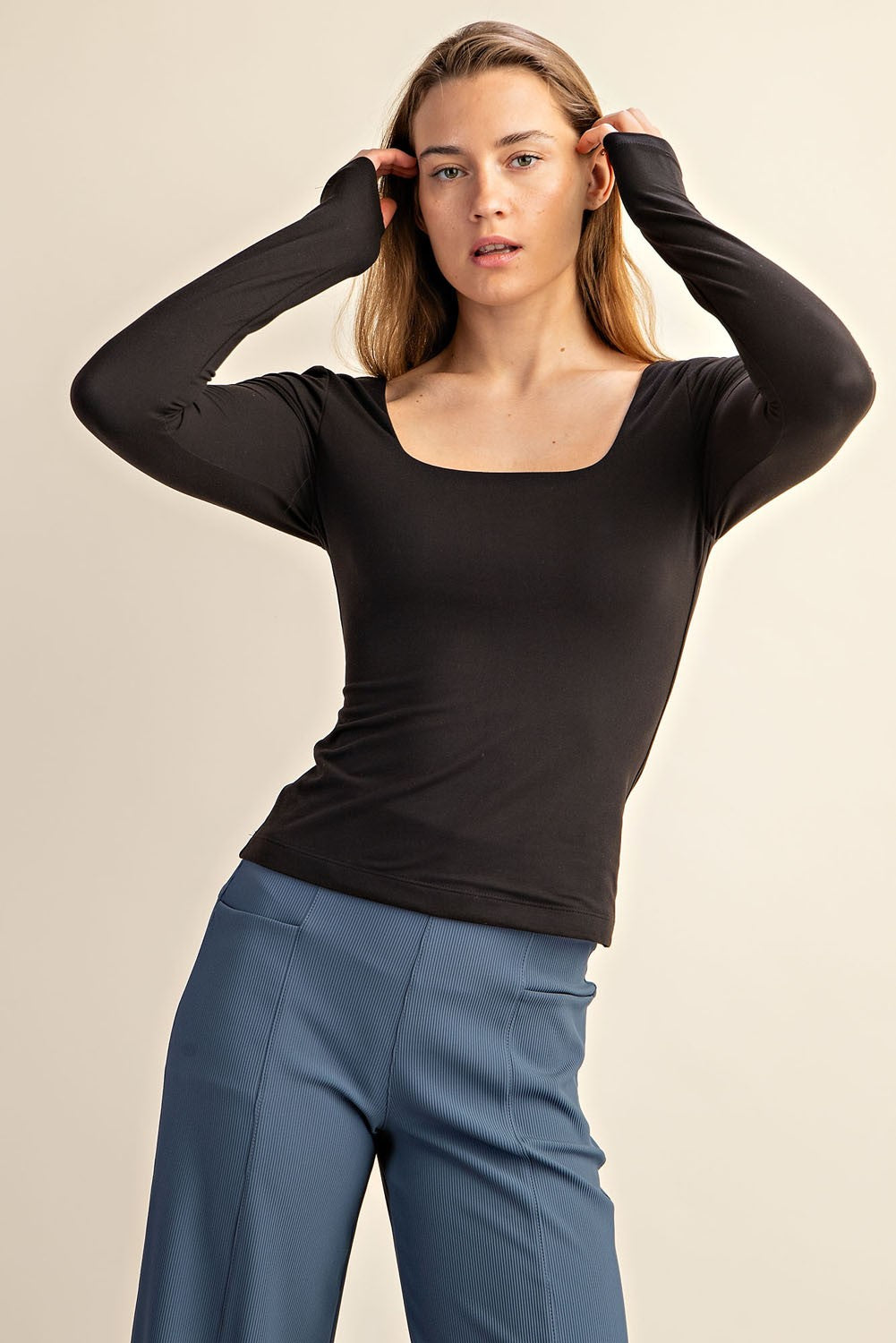 Peachskin Square Neck Long Sleeve Top