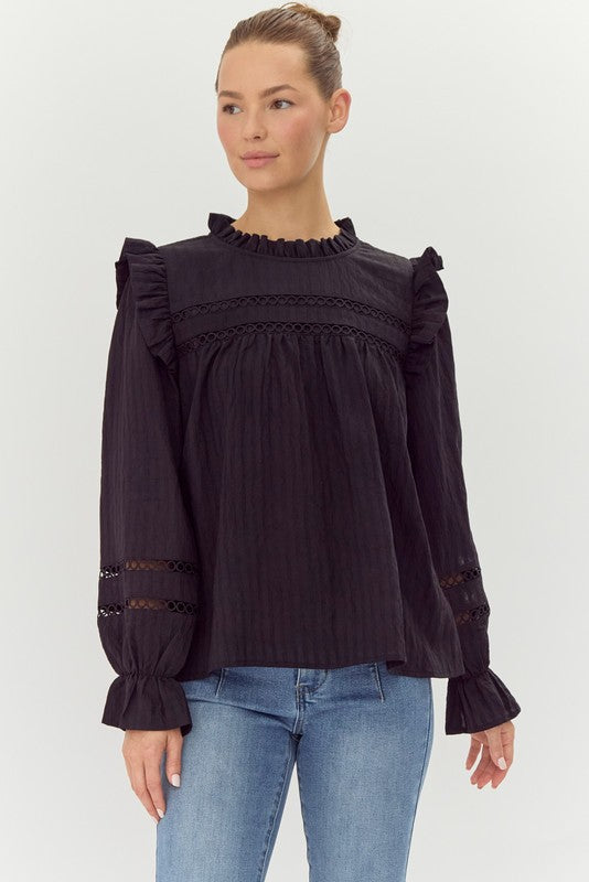 Black Crochet Trim Ruffle Top