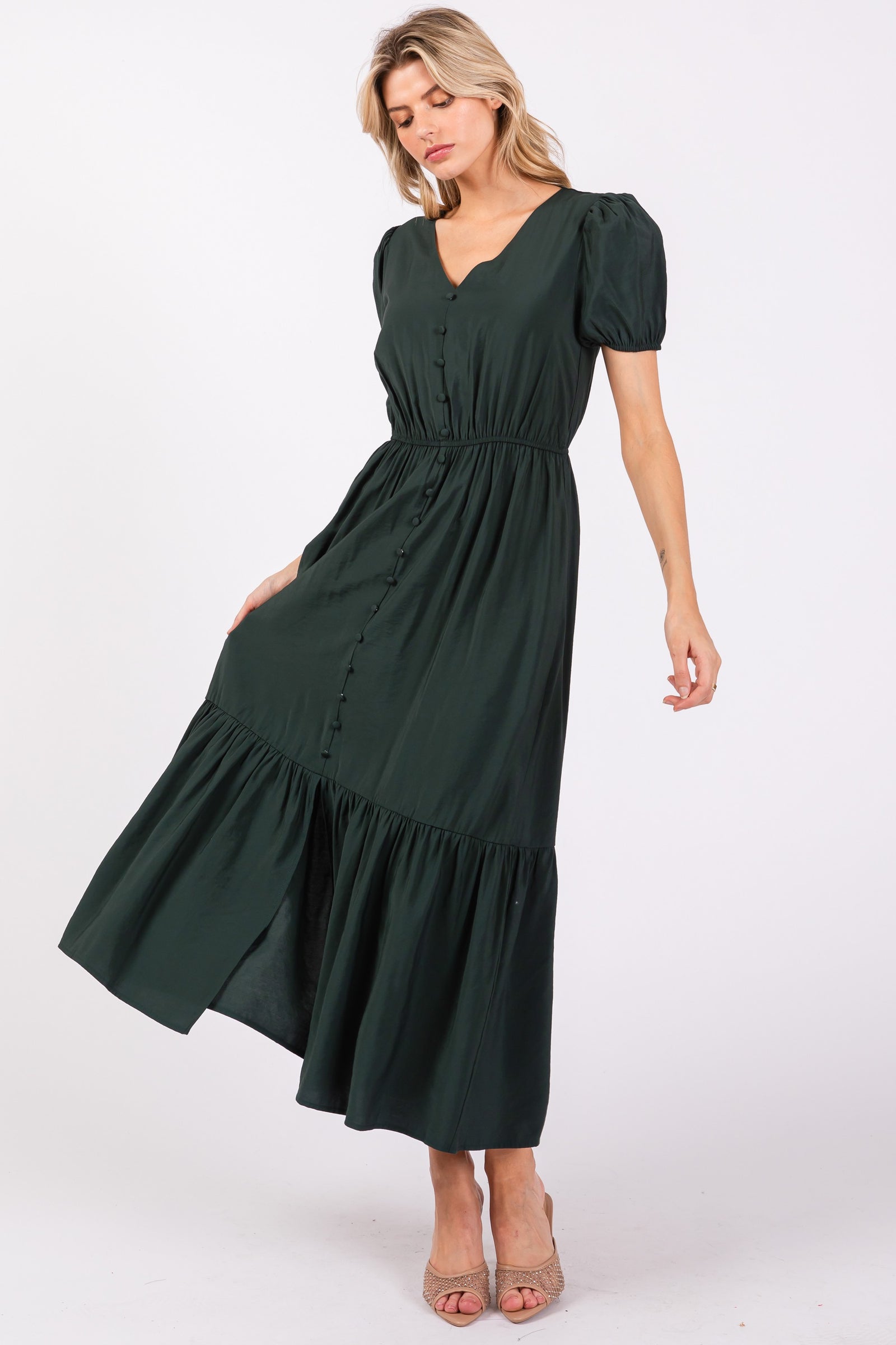 Fall Puff Sleeve Button Midi Dress