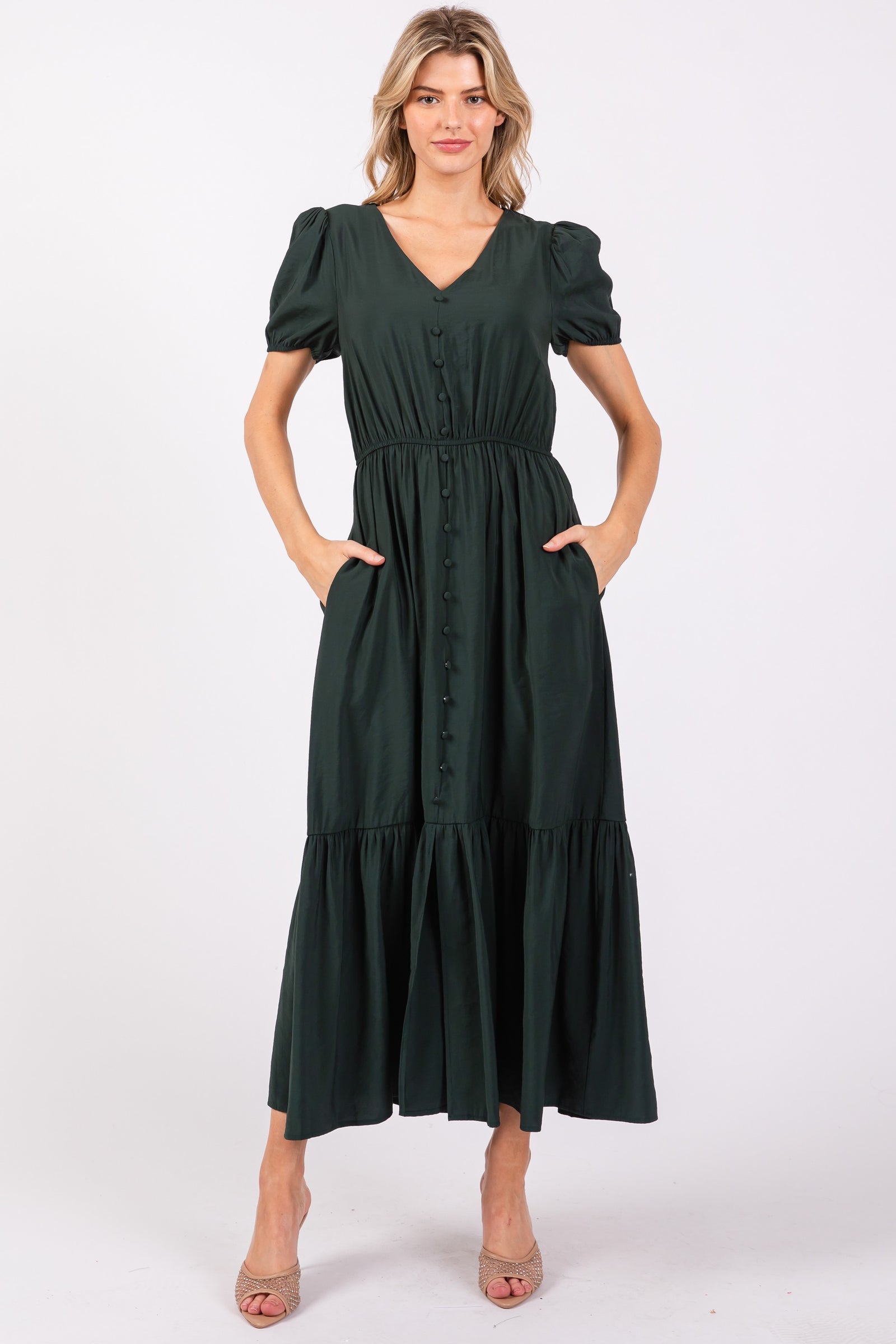 Fall Puff Sleeve Button Midi Dress