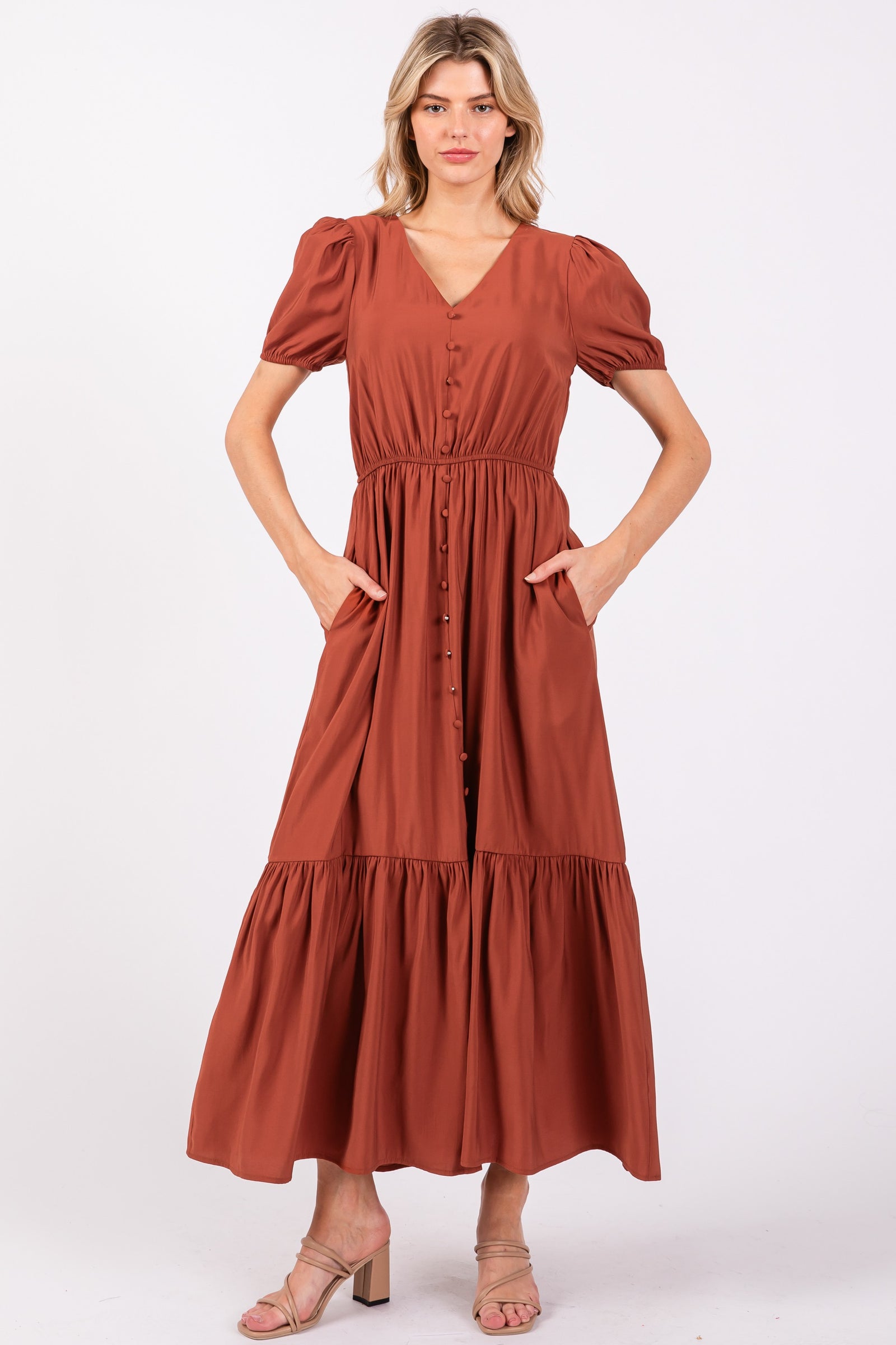 Fall Puff Sleeve Button Midi Dress