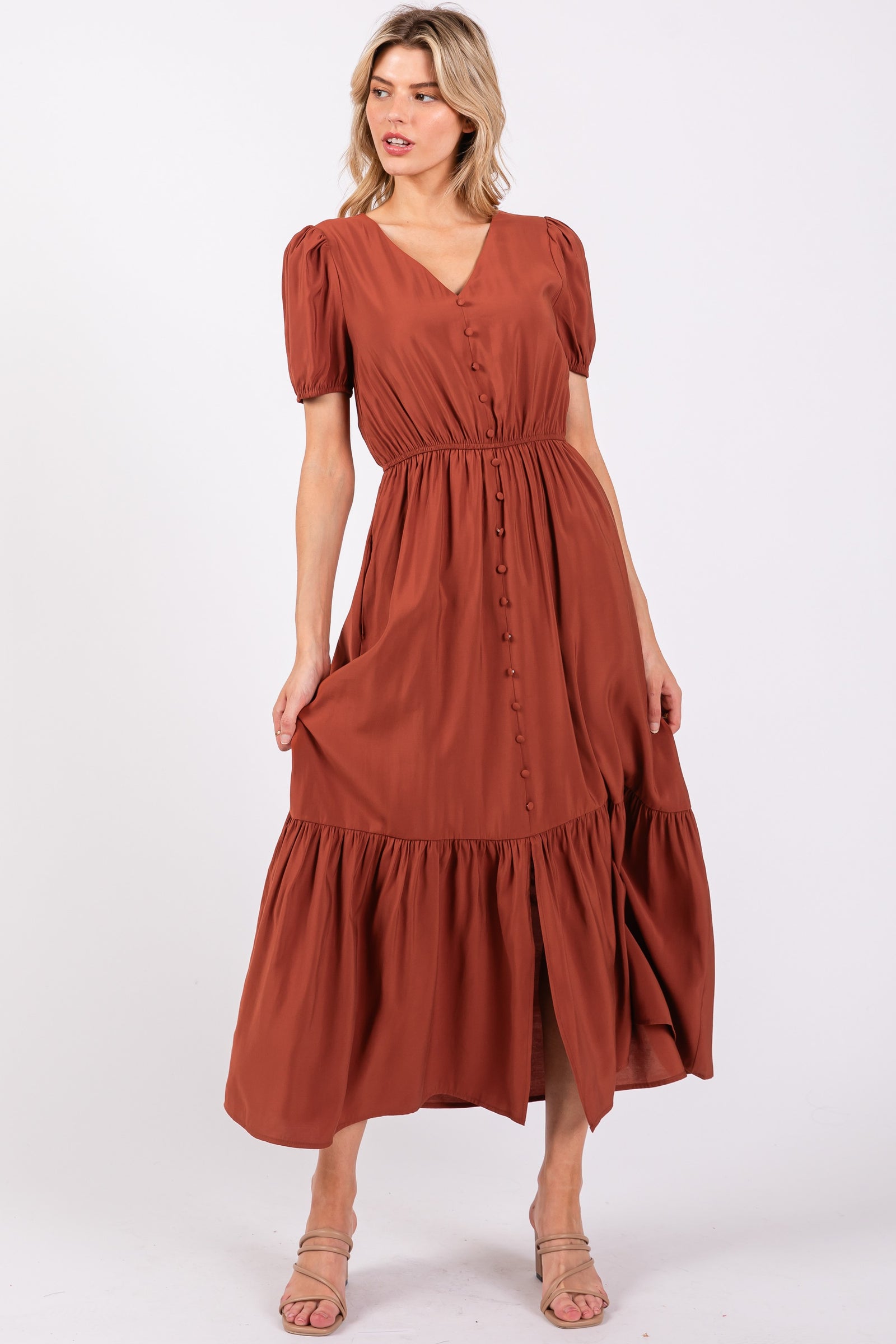 Fall Puff Sleeve Button Midi Dress