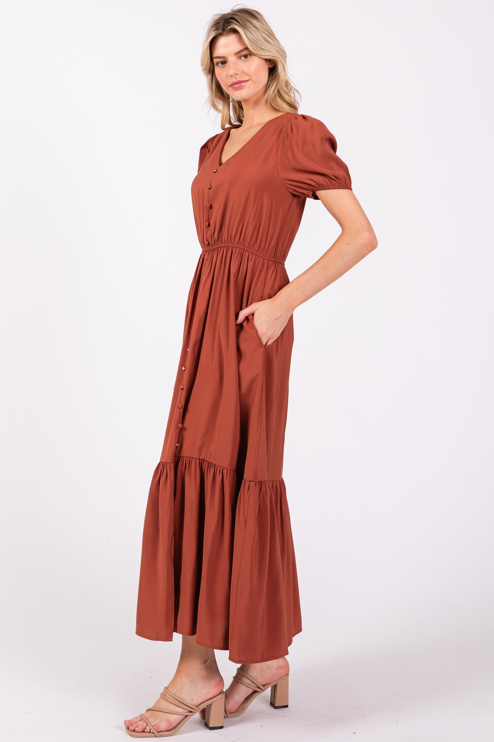 Fall Puff Sleeve Button Midi Dress