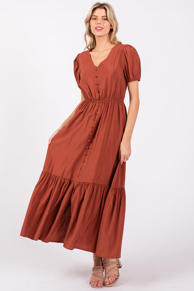 Fall Puff Sleeve Button Midi Dress