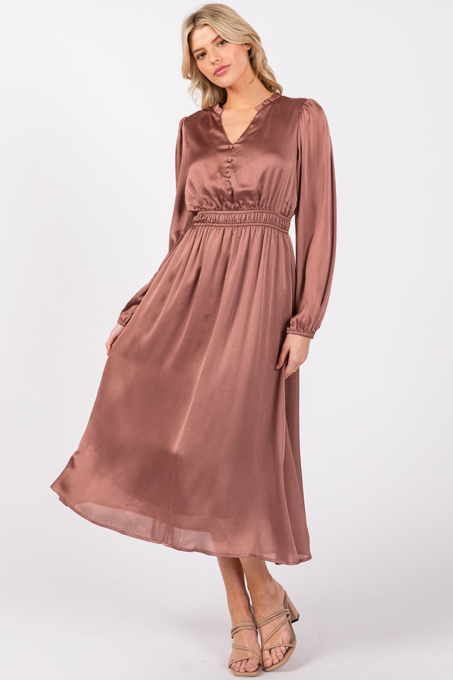 Mauve Satin Long Sleeve Midi Dress