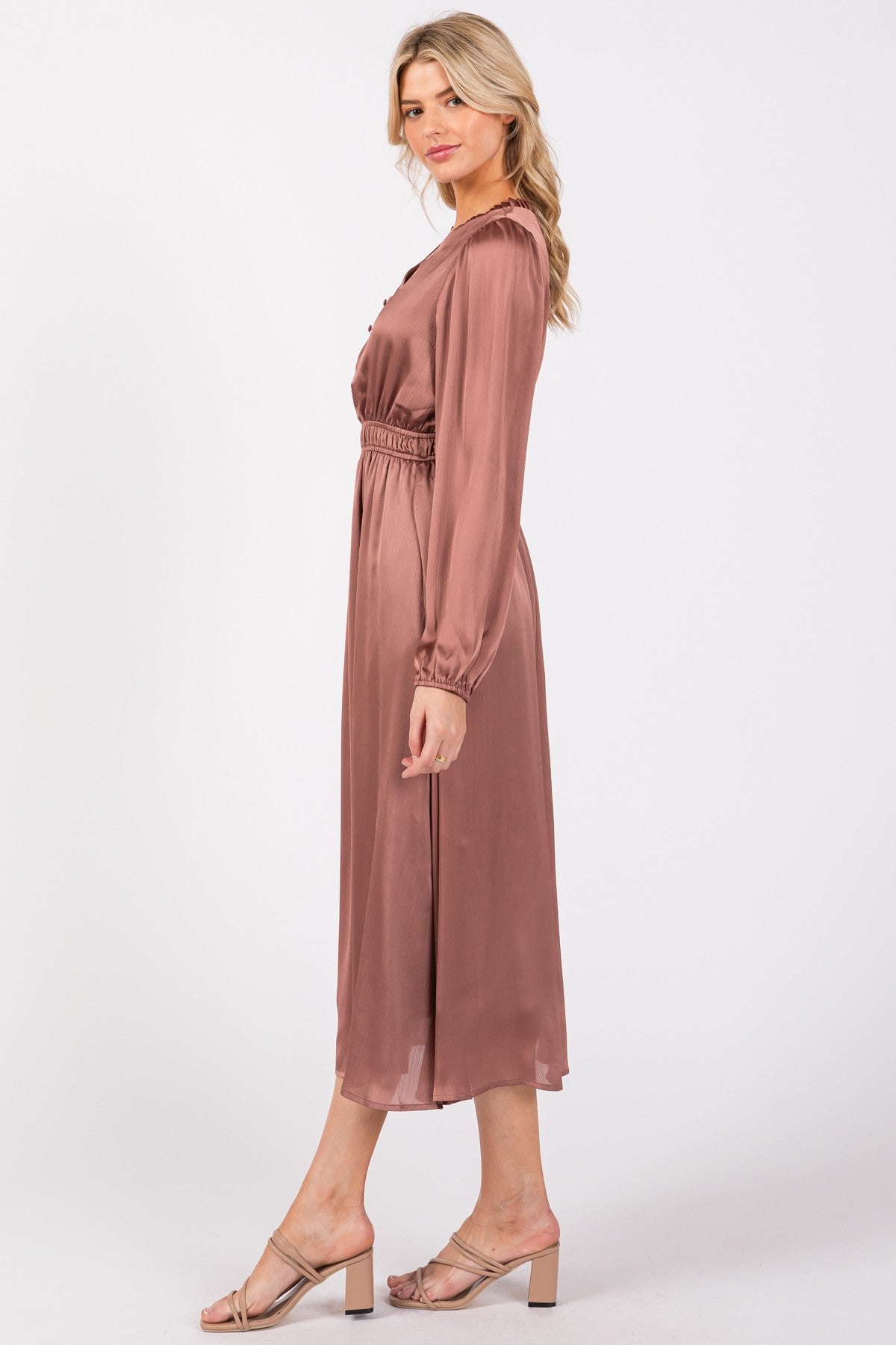 Mauve Satin Long Sleeve Midi Dress