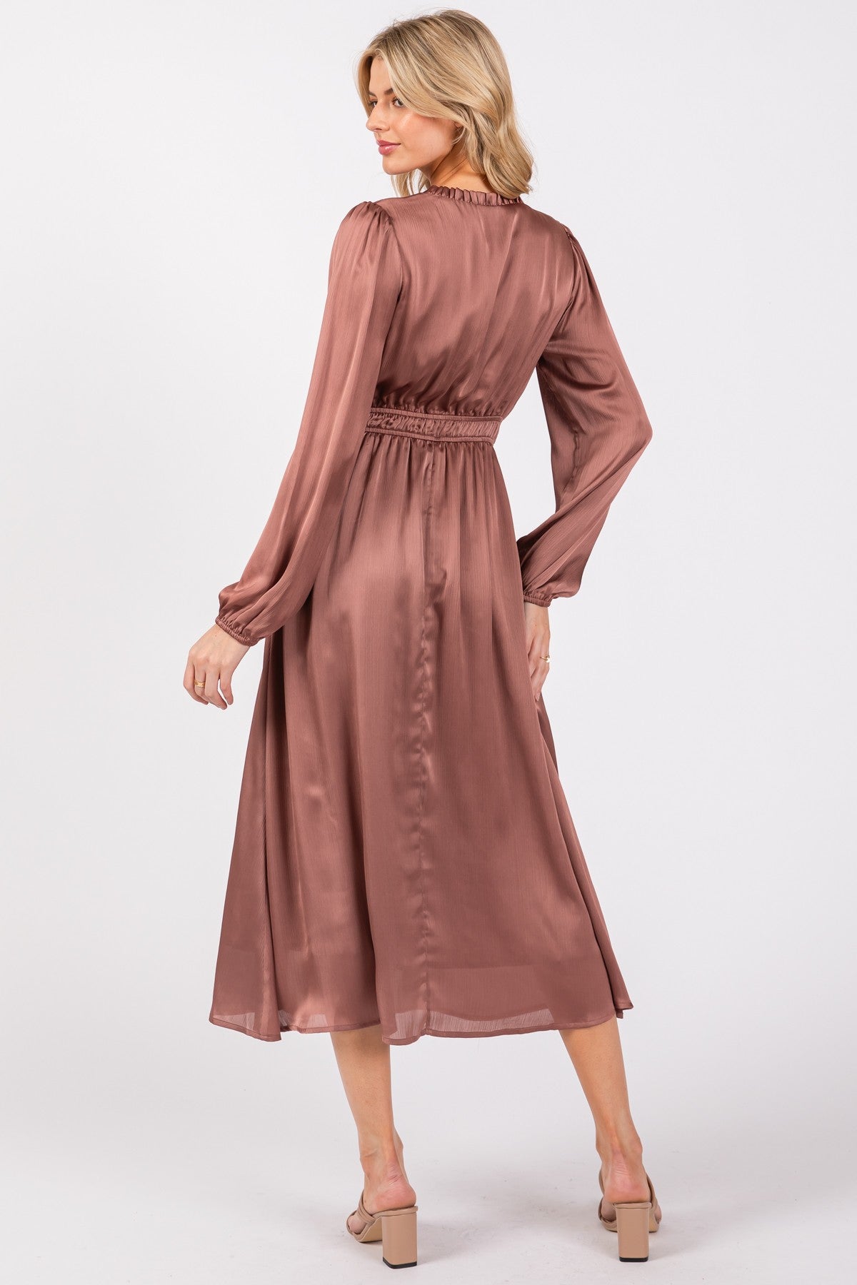 Mauve Satin Long Sleeve Midi Dress