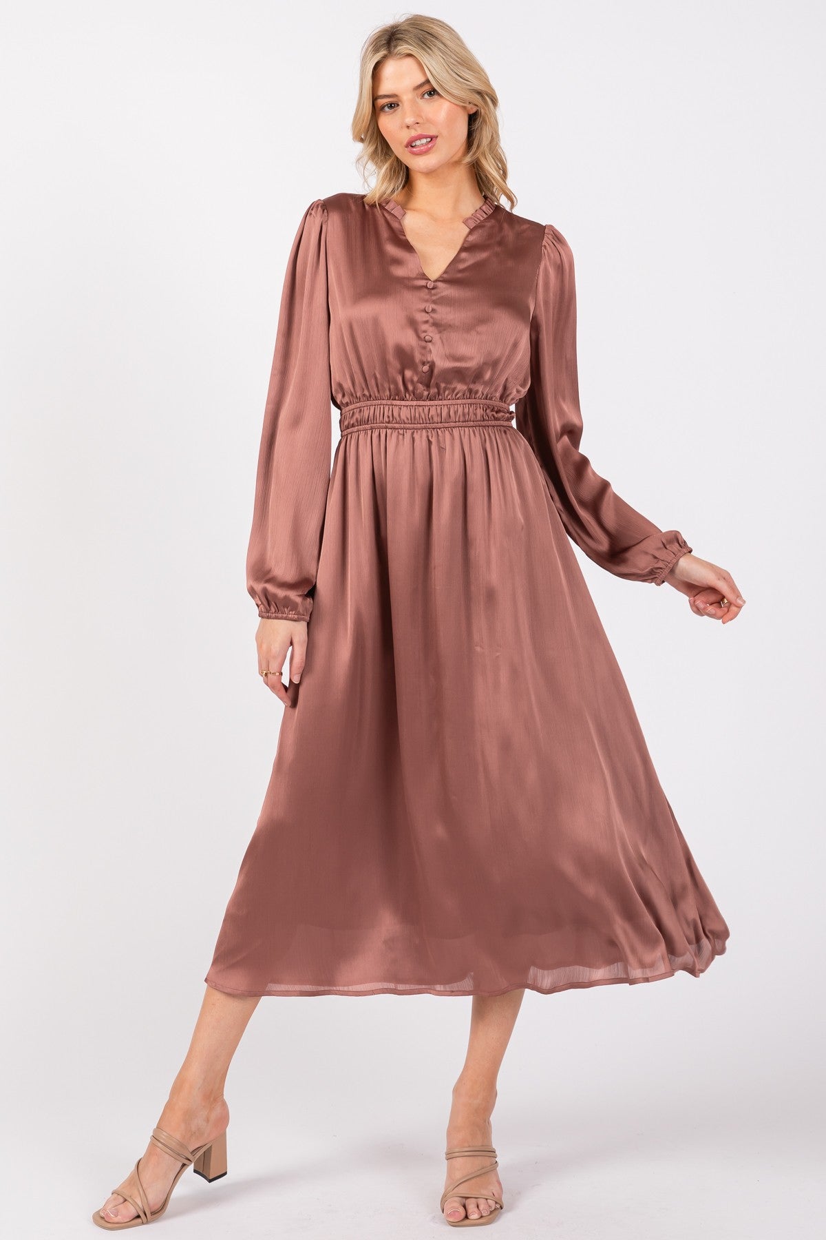 Mauve Satin Long Sleeve Midi Dress