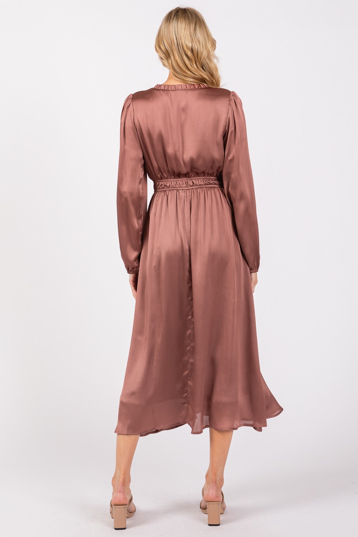 Mauve Satin Long Sleeve Midi Dress