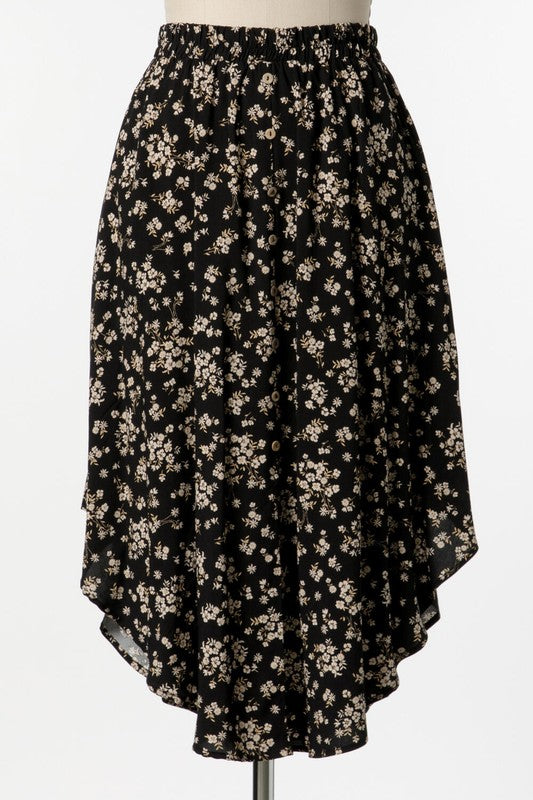 Black Floral Wood Button Skirt