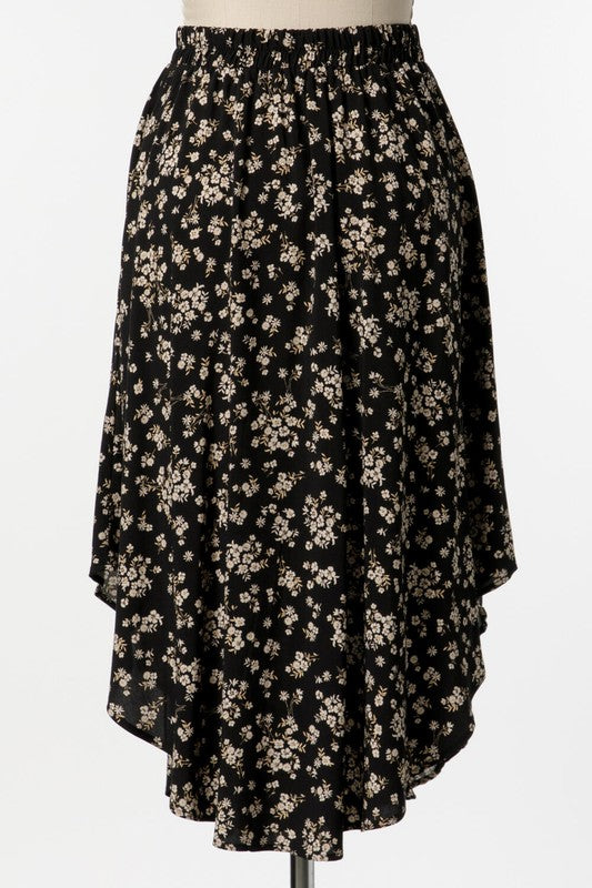 Black Floral Wood Button Skirt