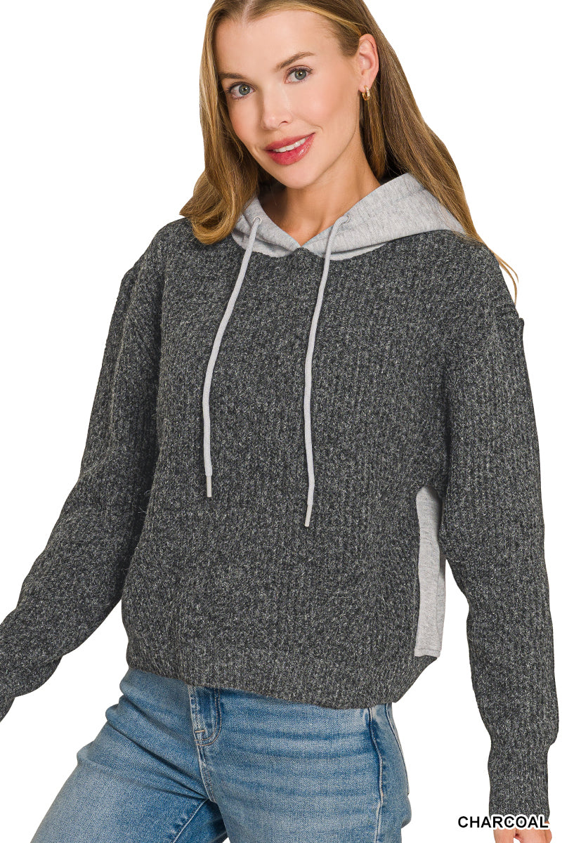 Contrast Sleeve Charcoal Knit Hoodie