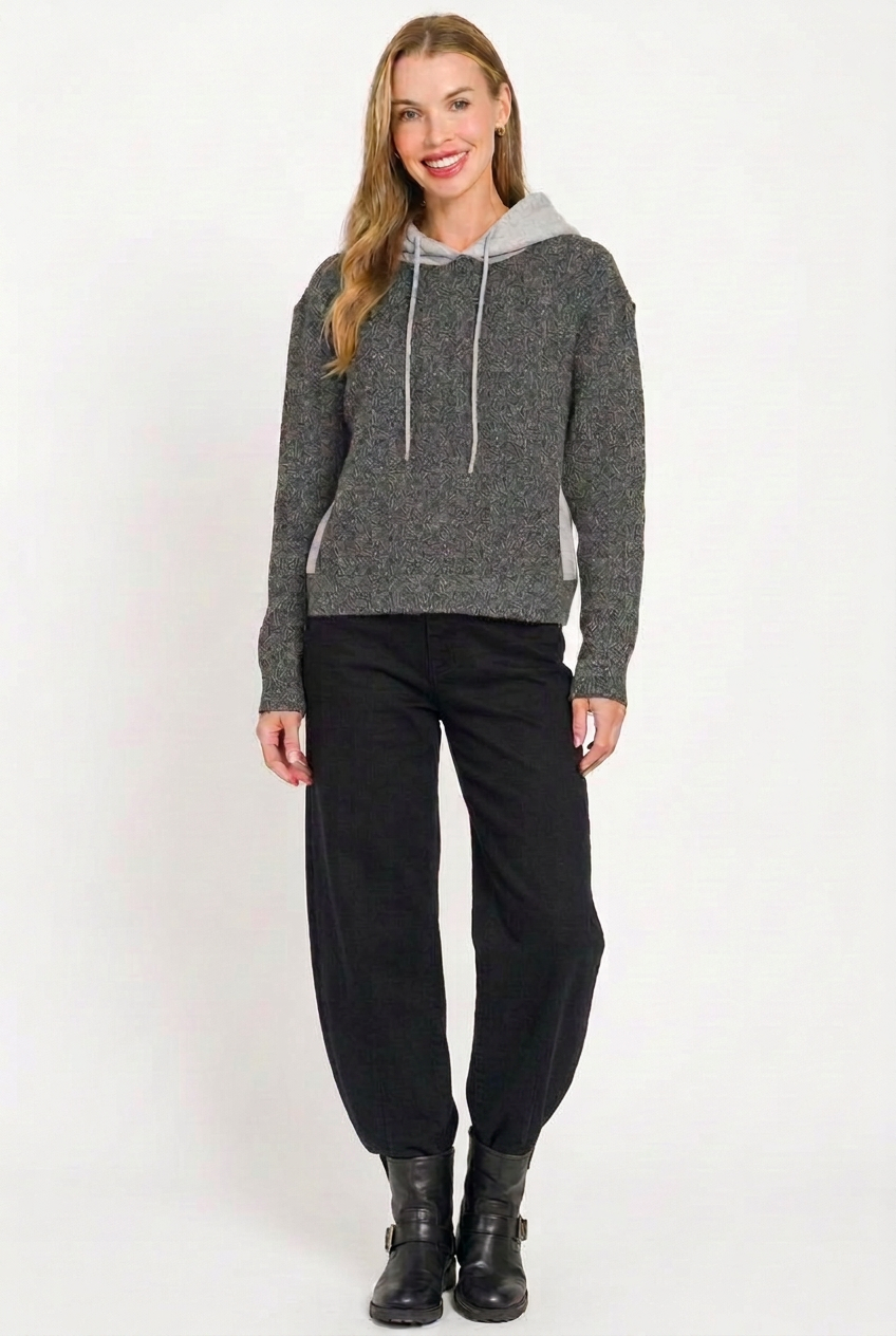 Contrast Sleeve Charcoal Knit Hoodie