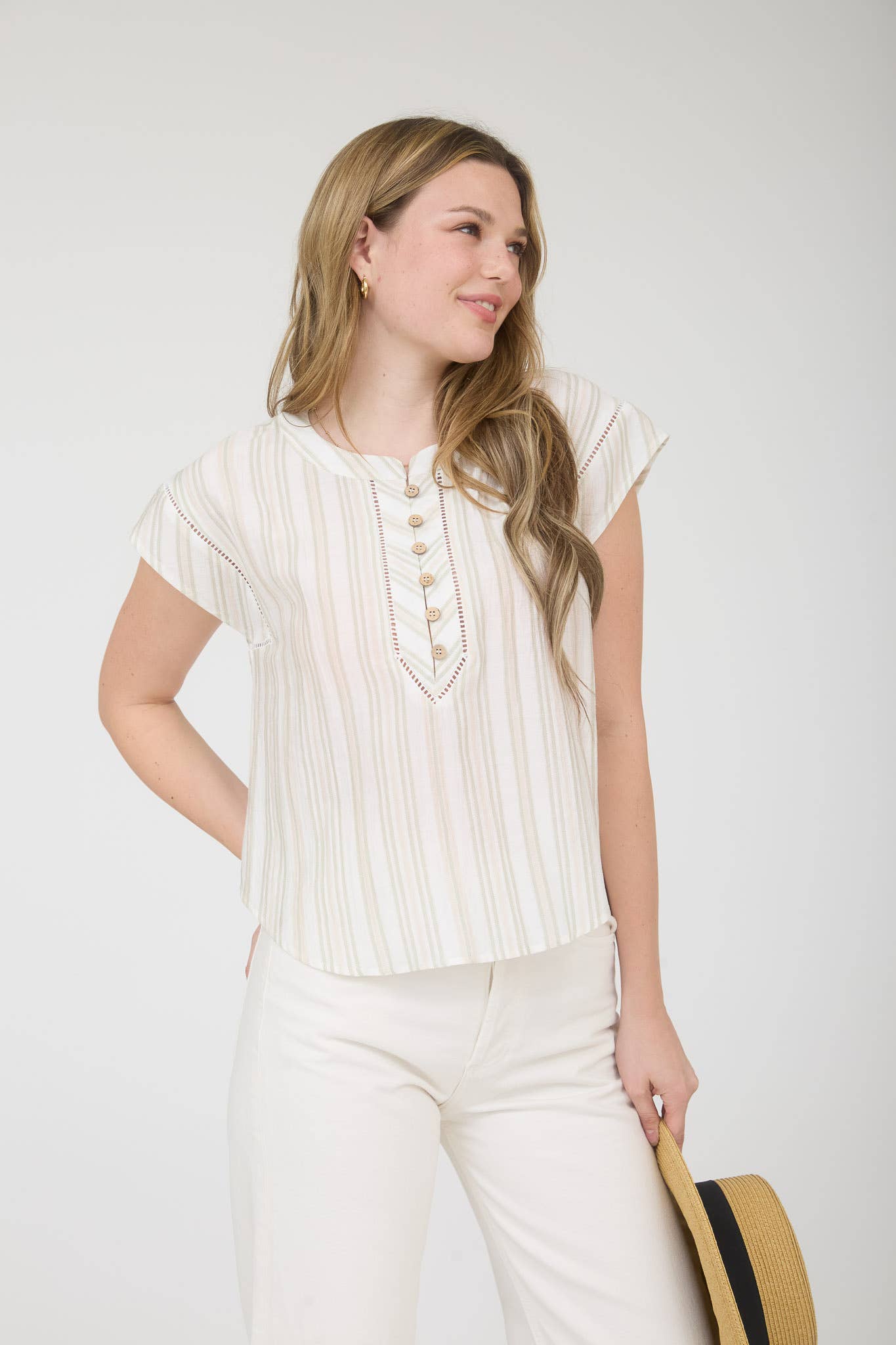 Stripe Wood Button Henley Top