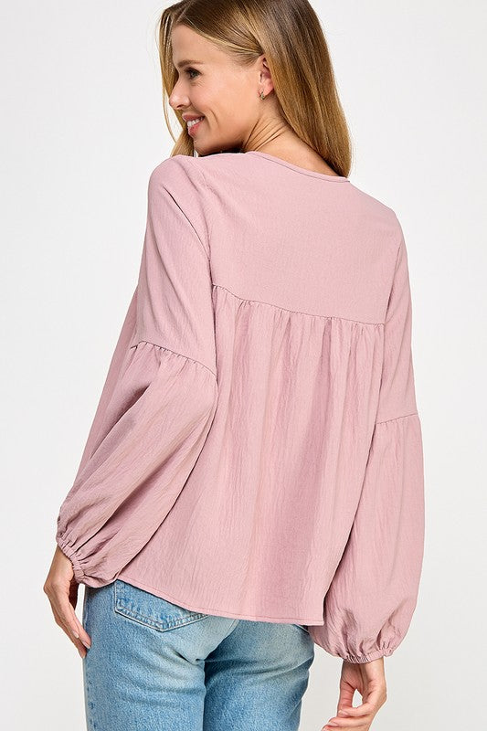 Blush Babydoll Balloon Sleeve Blouse