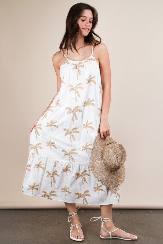 White Embroidered Palm Leaf Midi Dress