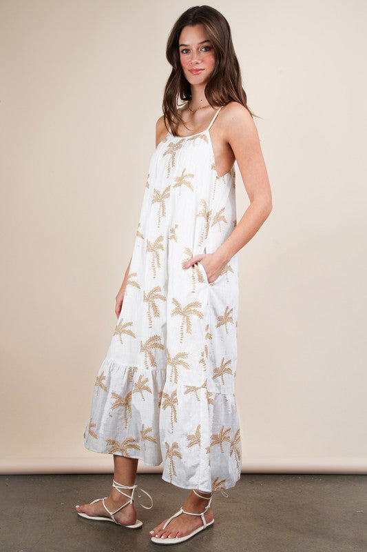 White Embroidered Palm Leaf Midi Dress