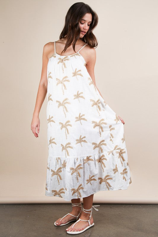White Embroidered Palm Leaf Midi Dress