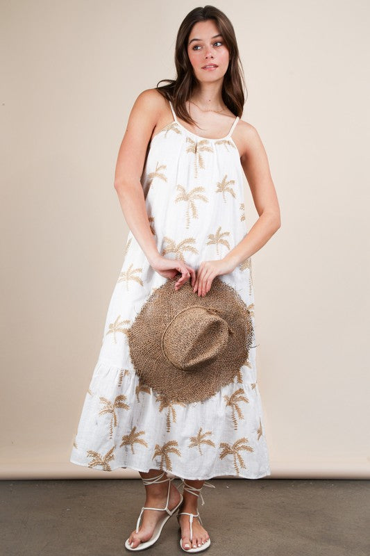 White Embroidered Palm Leaf Midi Dress