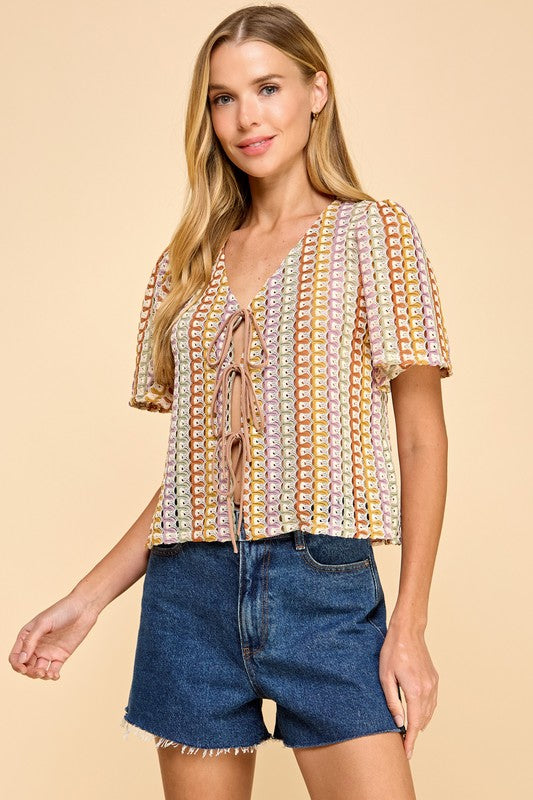 Rainbow Stripe Crochet Tie Blouse