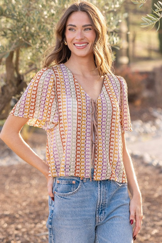 Rainbow Stripe Crochet Tie Blouse