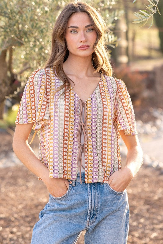 Rainbow Stripe Crochet Tie Blouse