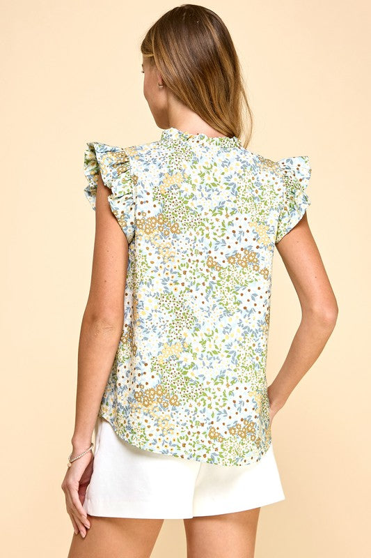 Green Floral Ruffle Sleeve Blouse