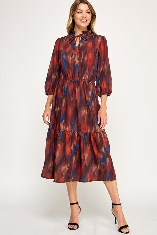 Rust Watercolor Midi Dress