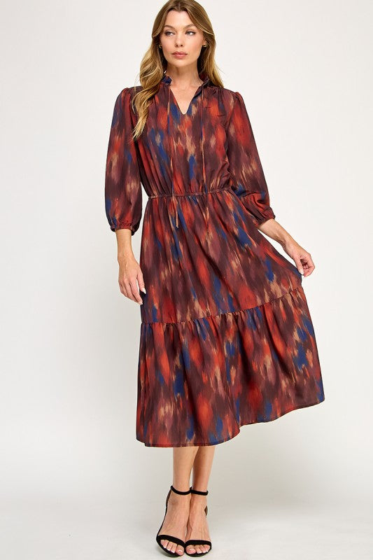 Rust Watercolor Midi Dress