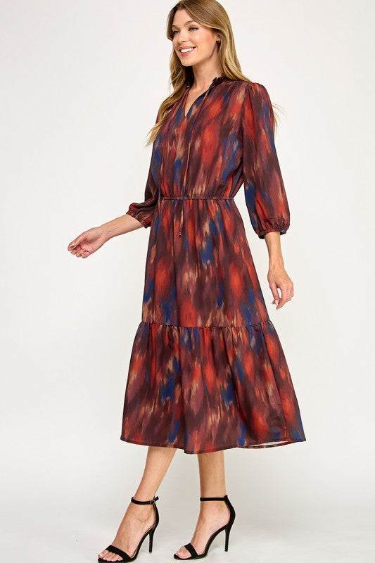 Rust Watercolor Midi Dress