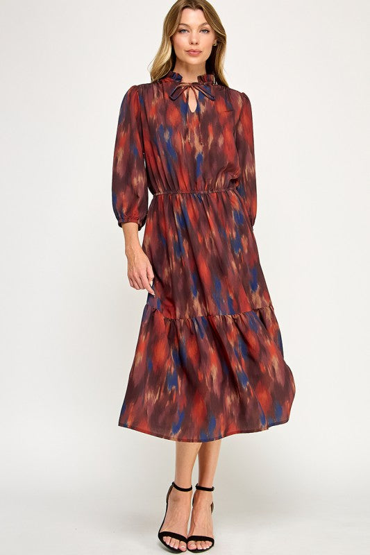 Rust Watercolor Midi Dress