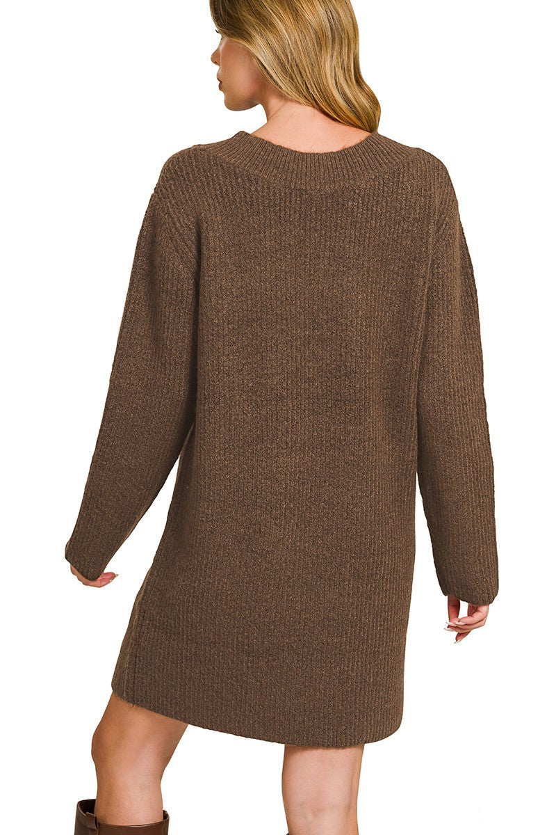 Chocolate V-neck Sweater Dress