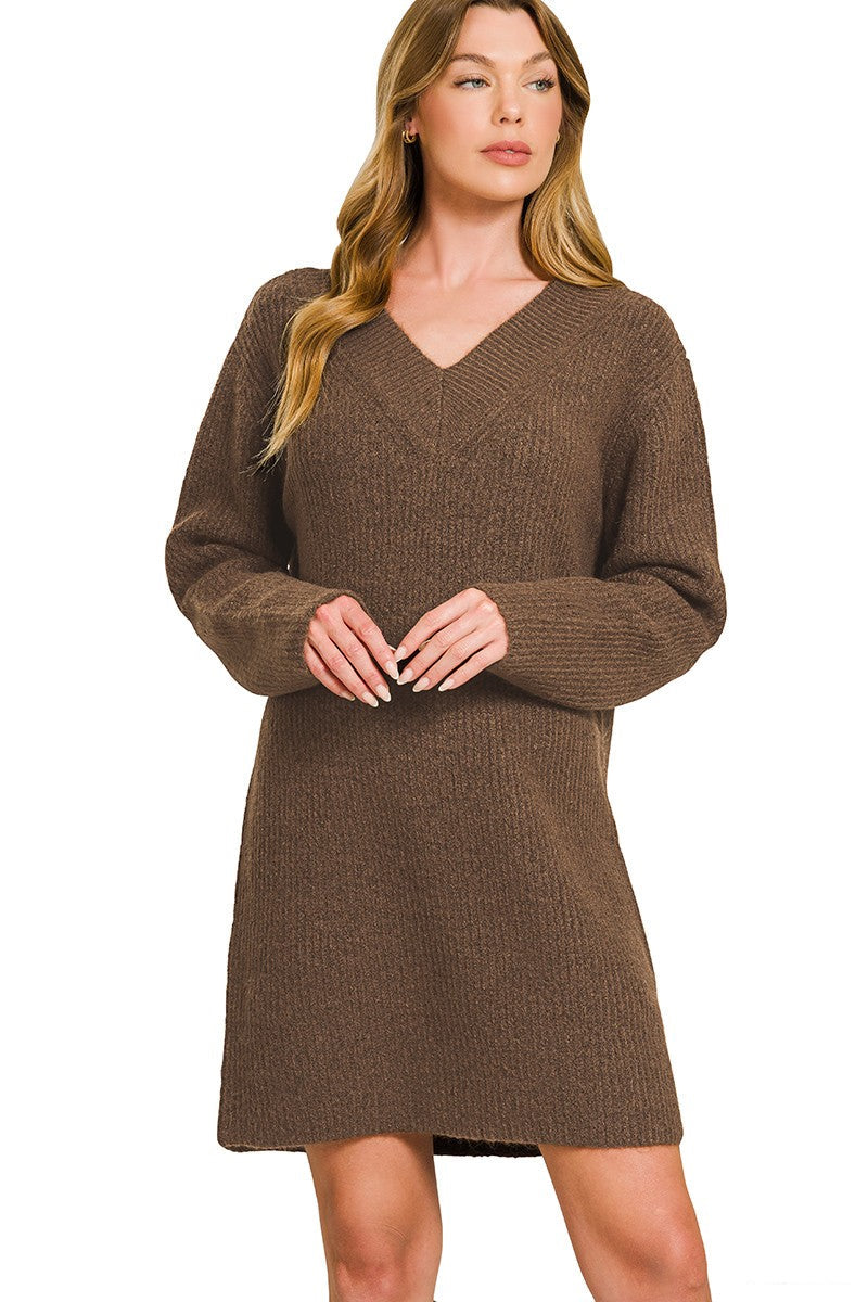 Chocolate V-neck Sweater Dress