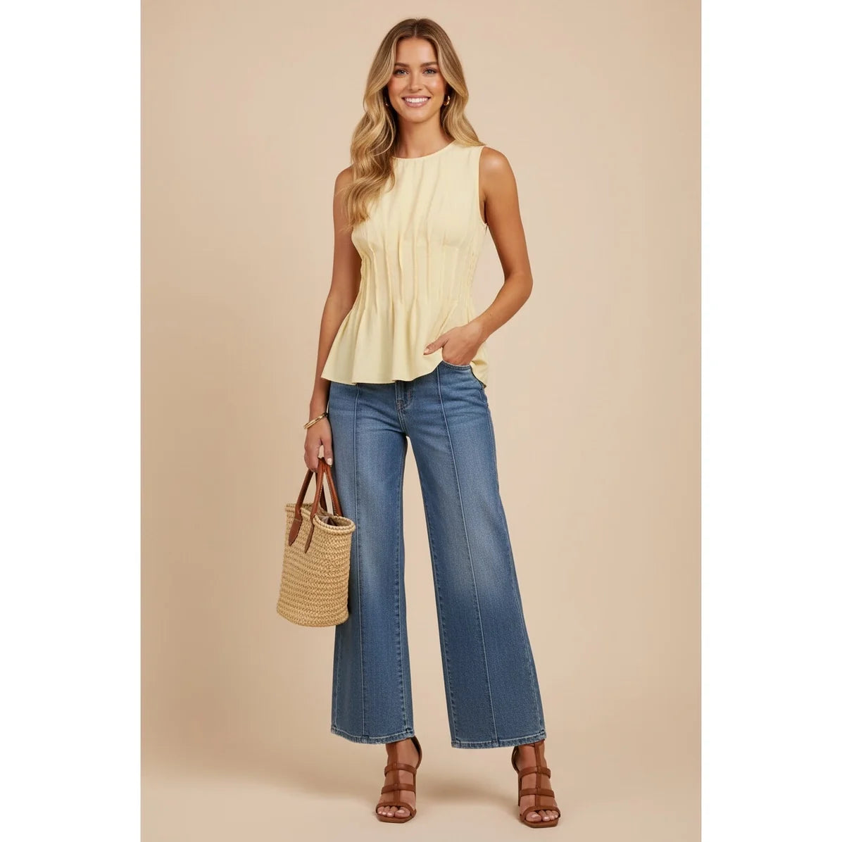 Pleated Button Back Peplum Top