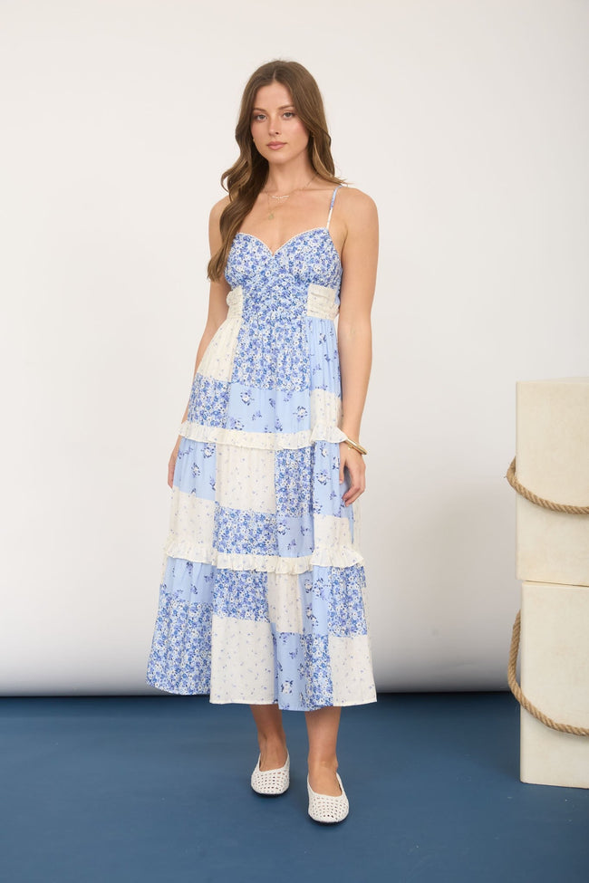 Blue Patchwork Floral Dress