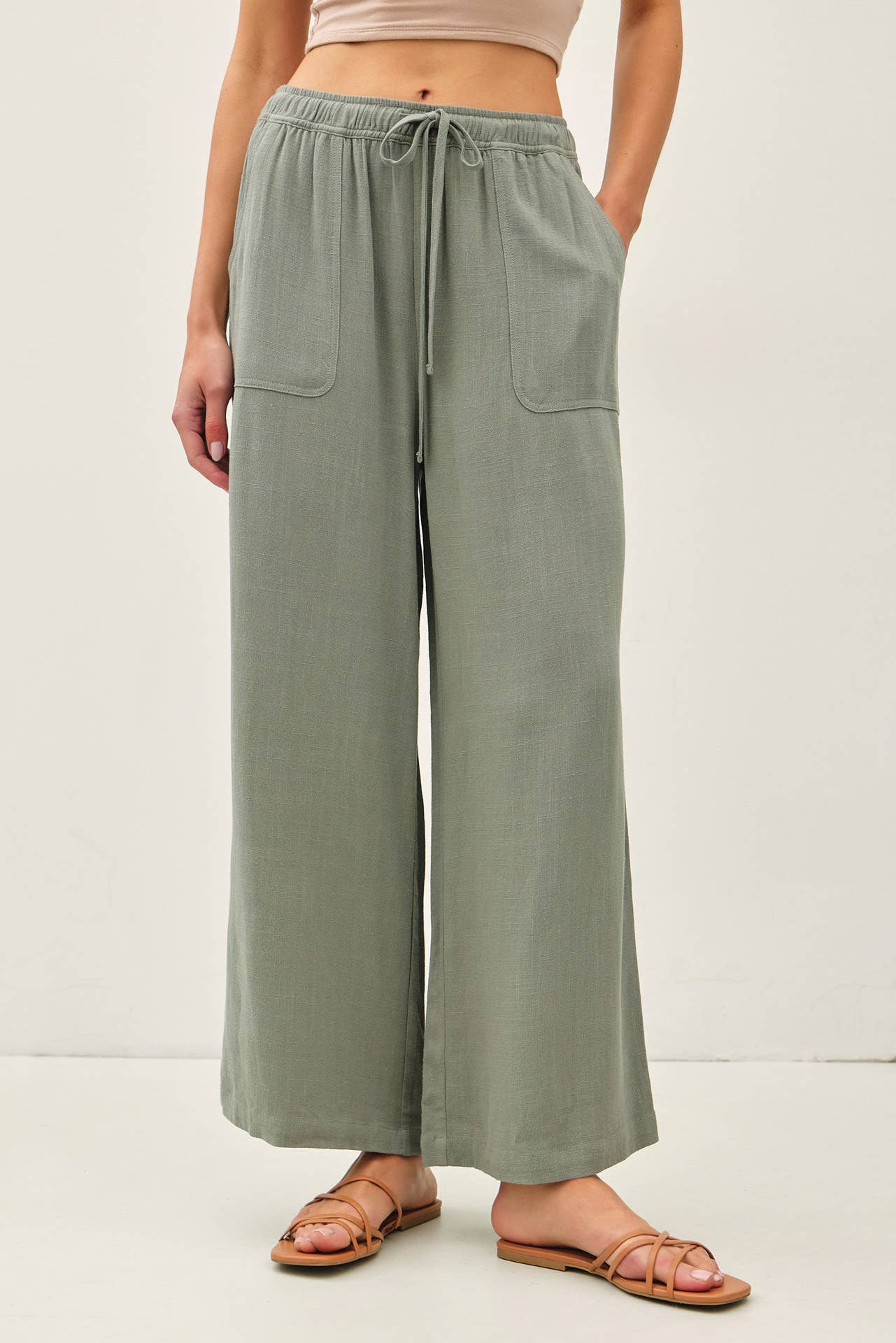 Linen Drawstring Waist Wide Leg Pants