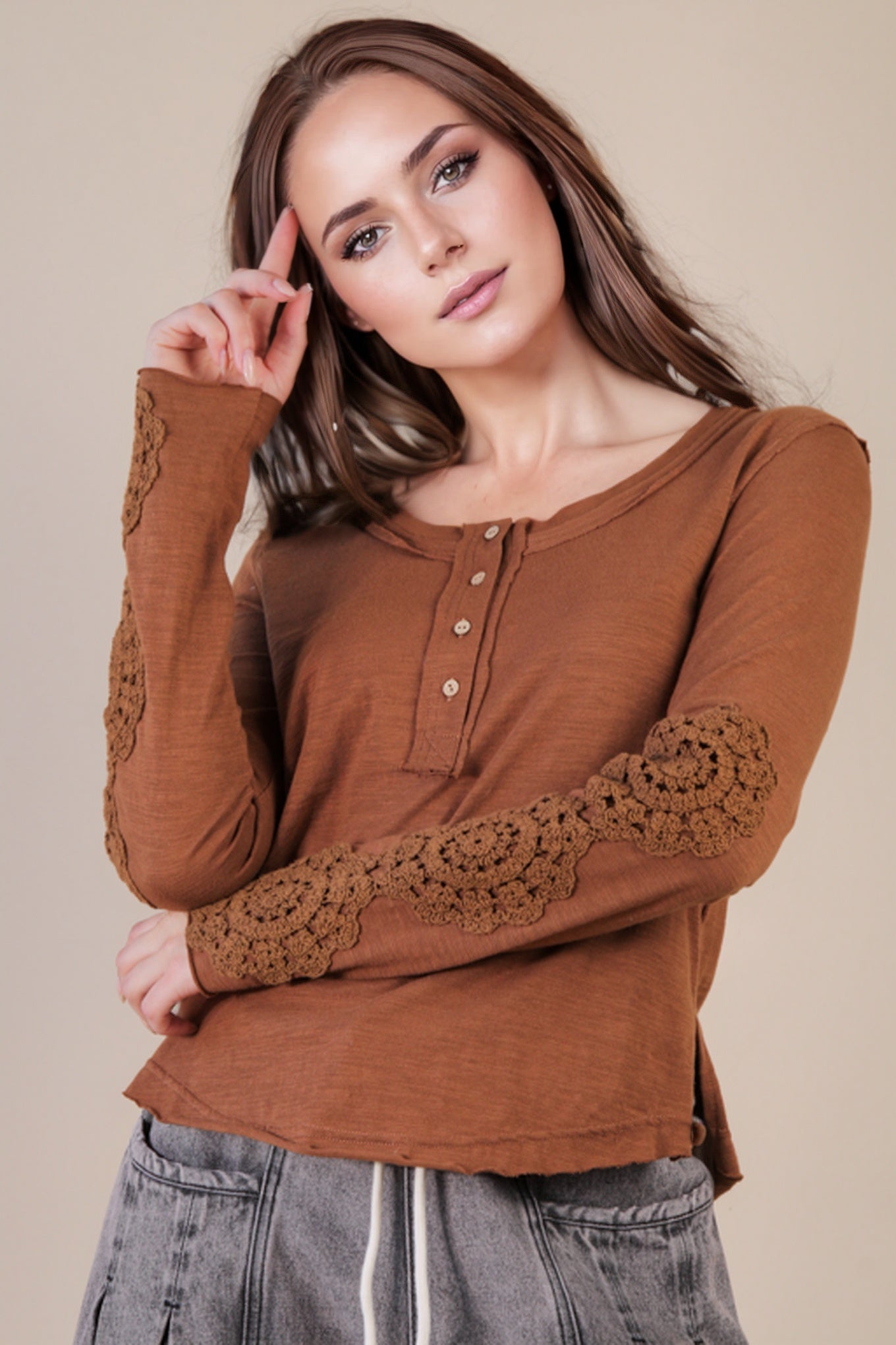Crochet Sleeve Henley Top