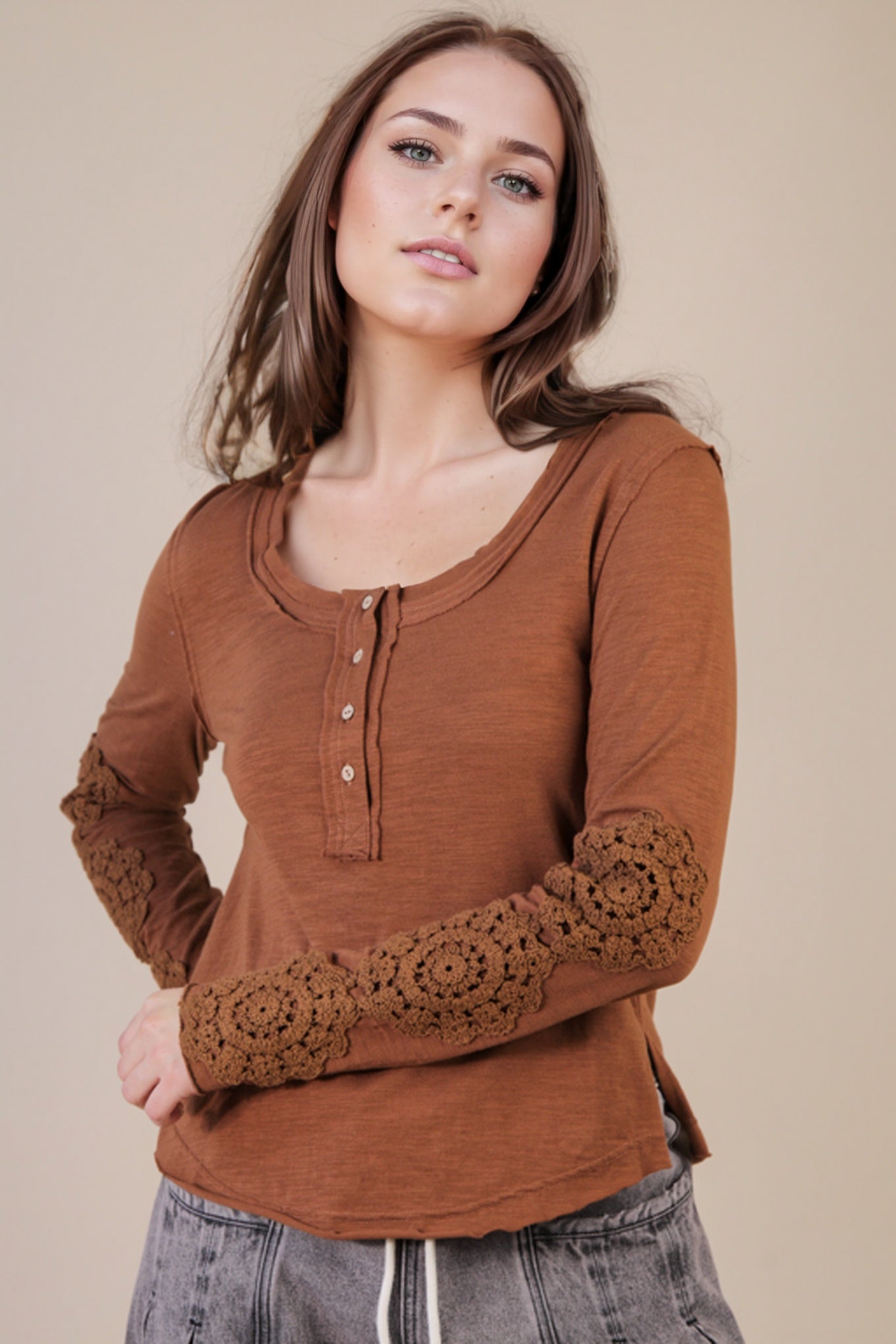 Crochet Sleeve Henley Top
