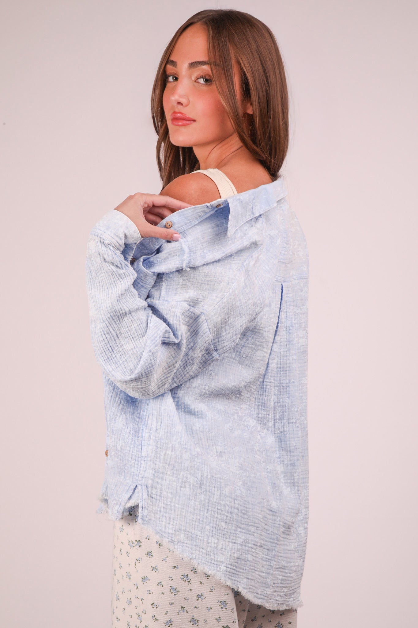 Baby Blue Muslin Wood Button Up