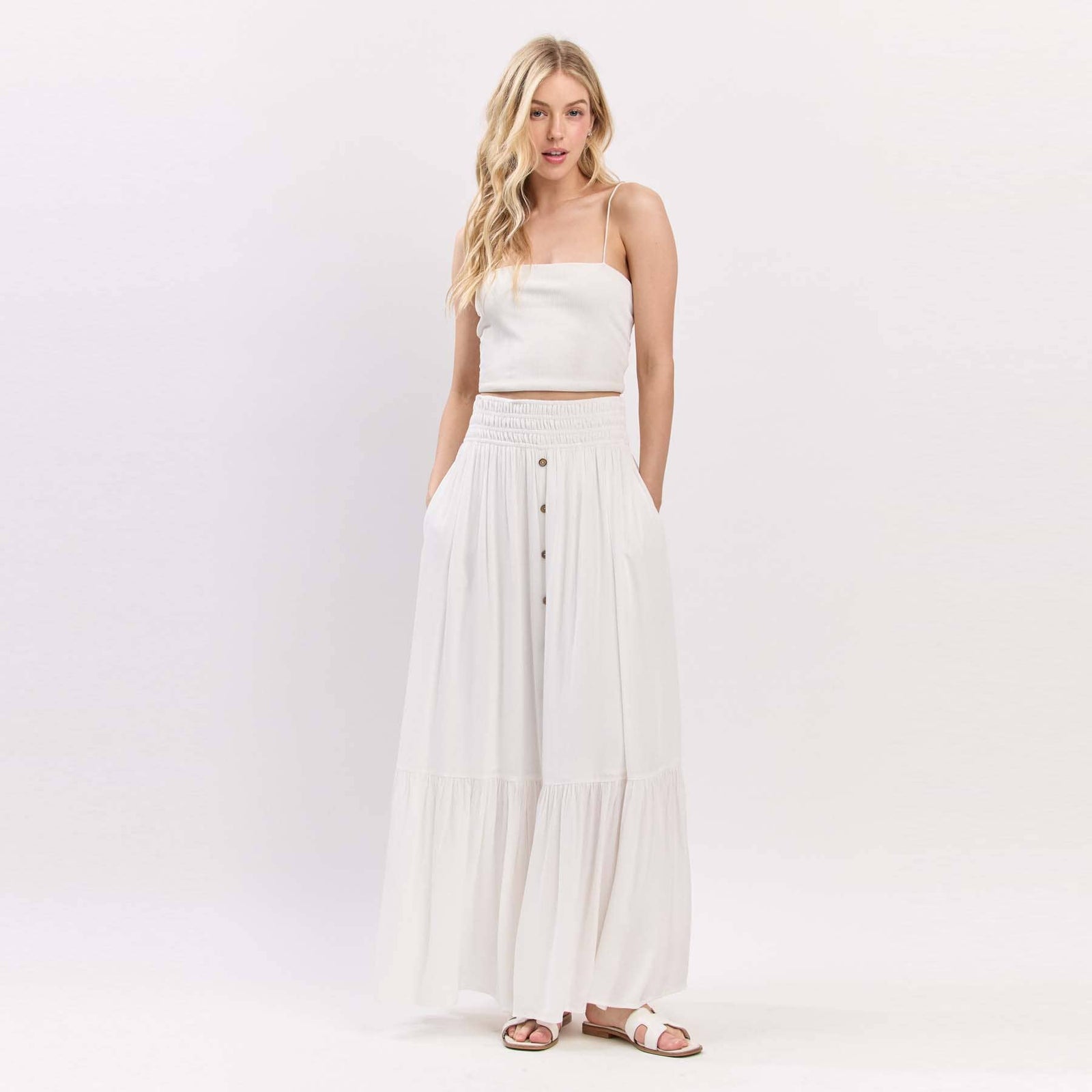 Smock Waist Tiered Button Maxi Skirt
