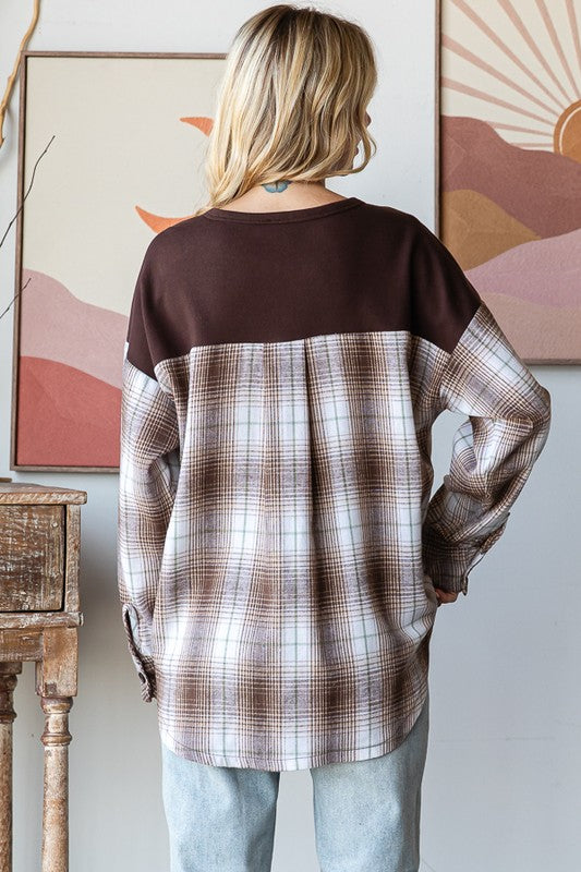Cream Plaid Sleeve Henley Top