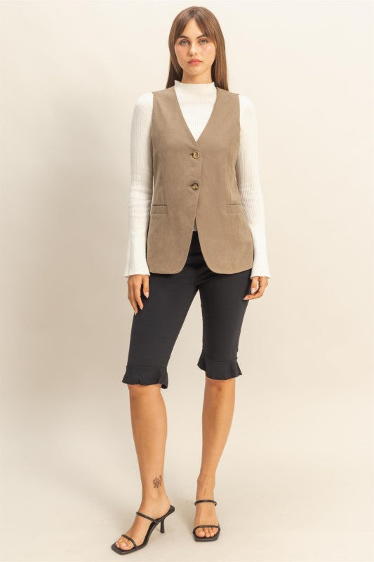 Olive Tailored Long Button Vest
