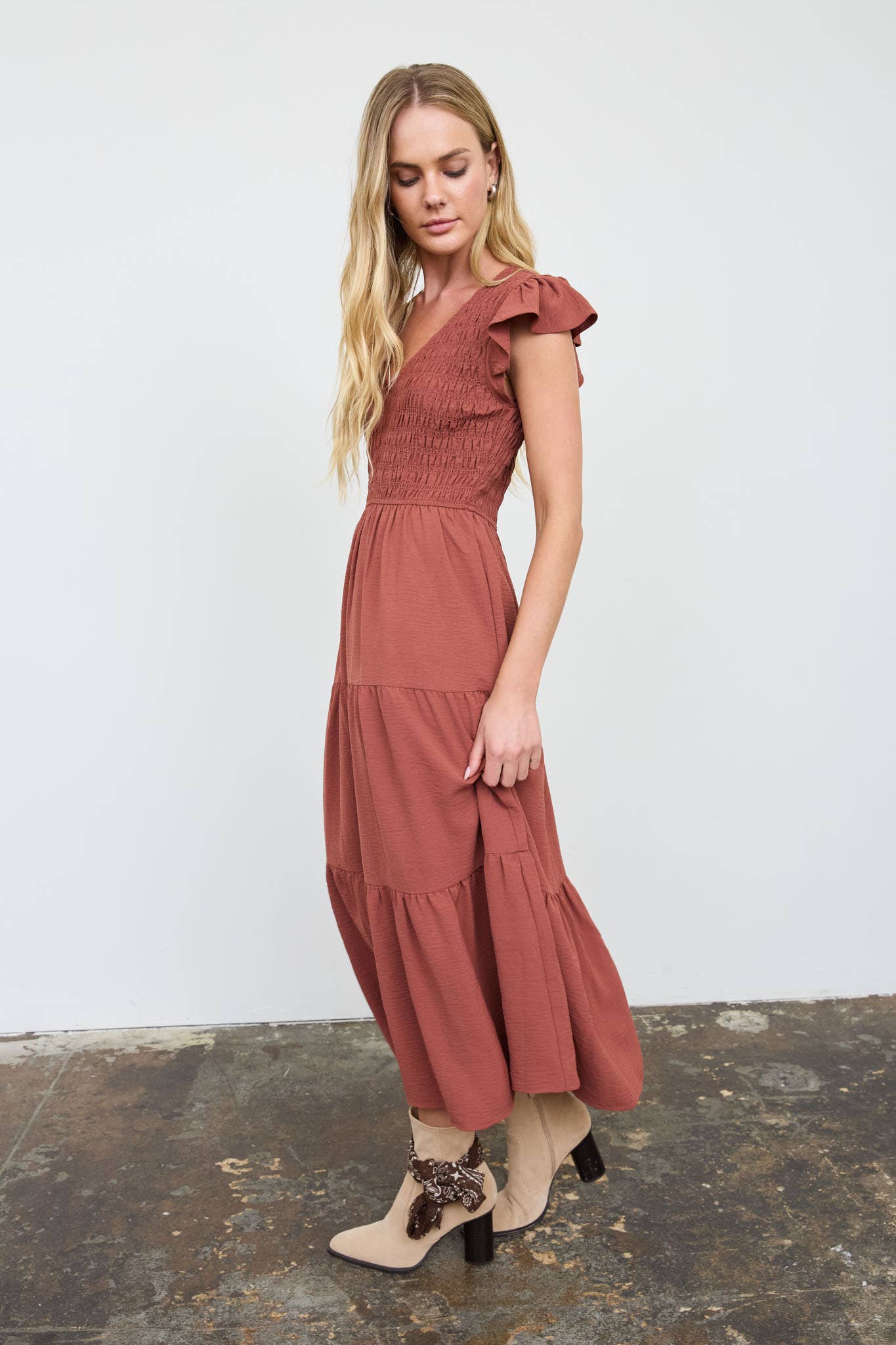 Flutter Sleeve Smocked Midi Dress