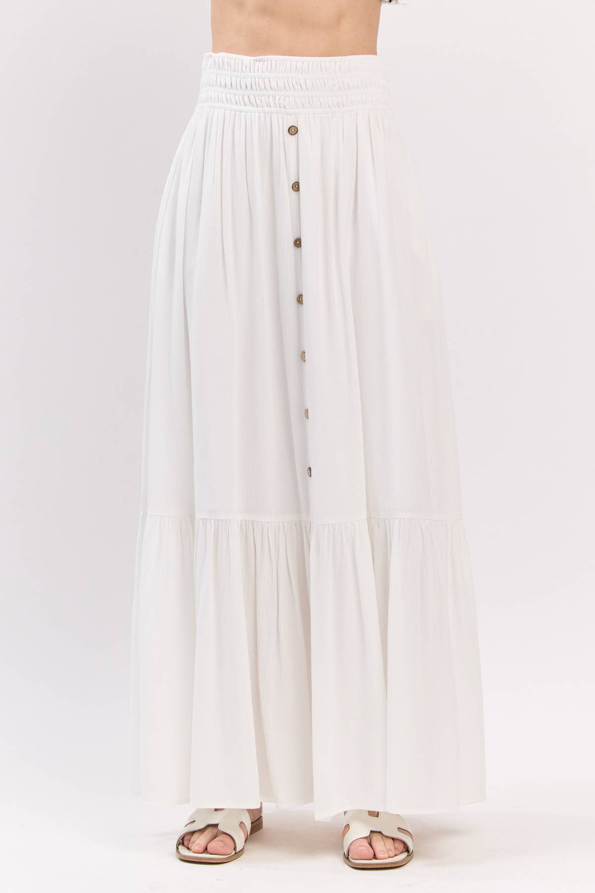 Smock Waist Tiered Button Maxi Skirt