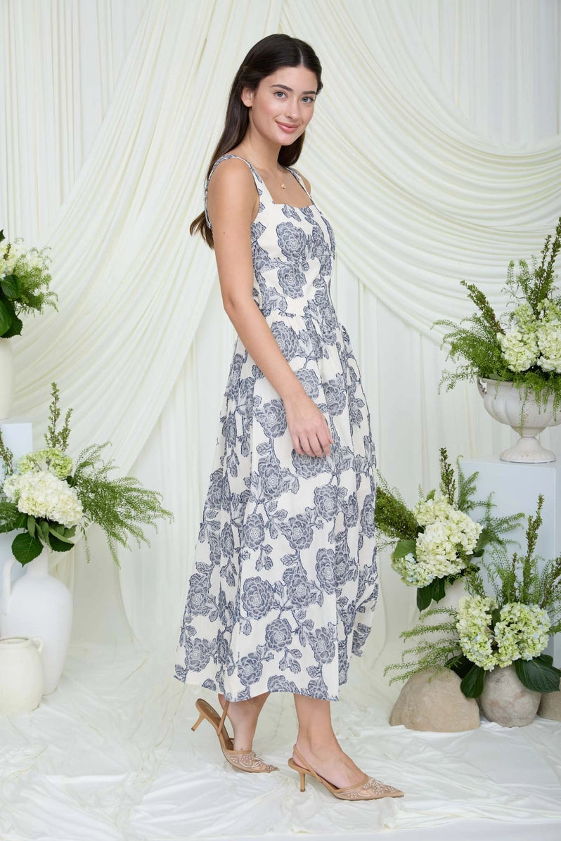 Navy Floral Jacquard Midi Dress