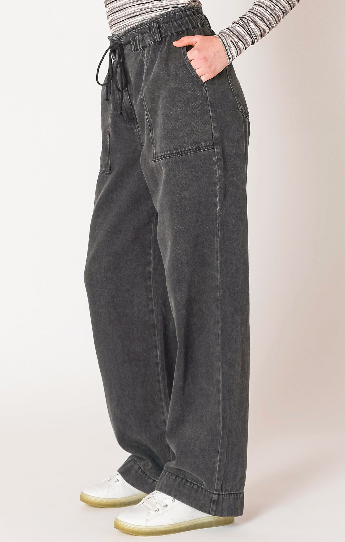 Black Stone Wash Tie Waist Denim