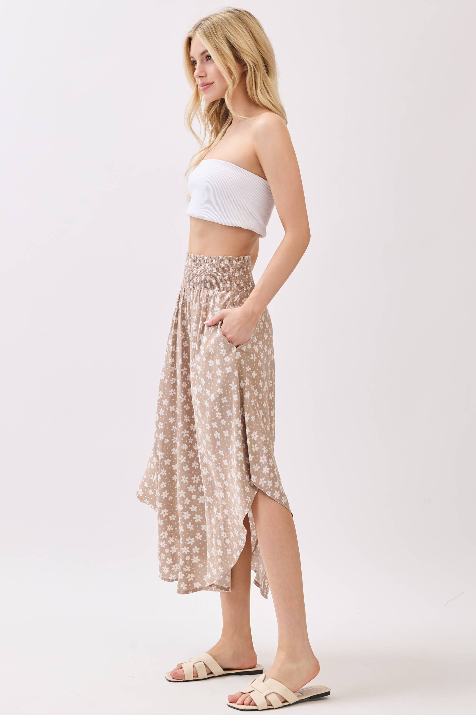 Natural Floral Smocked Waist Maxi Skirt
