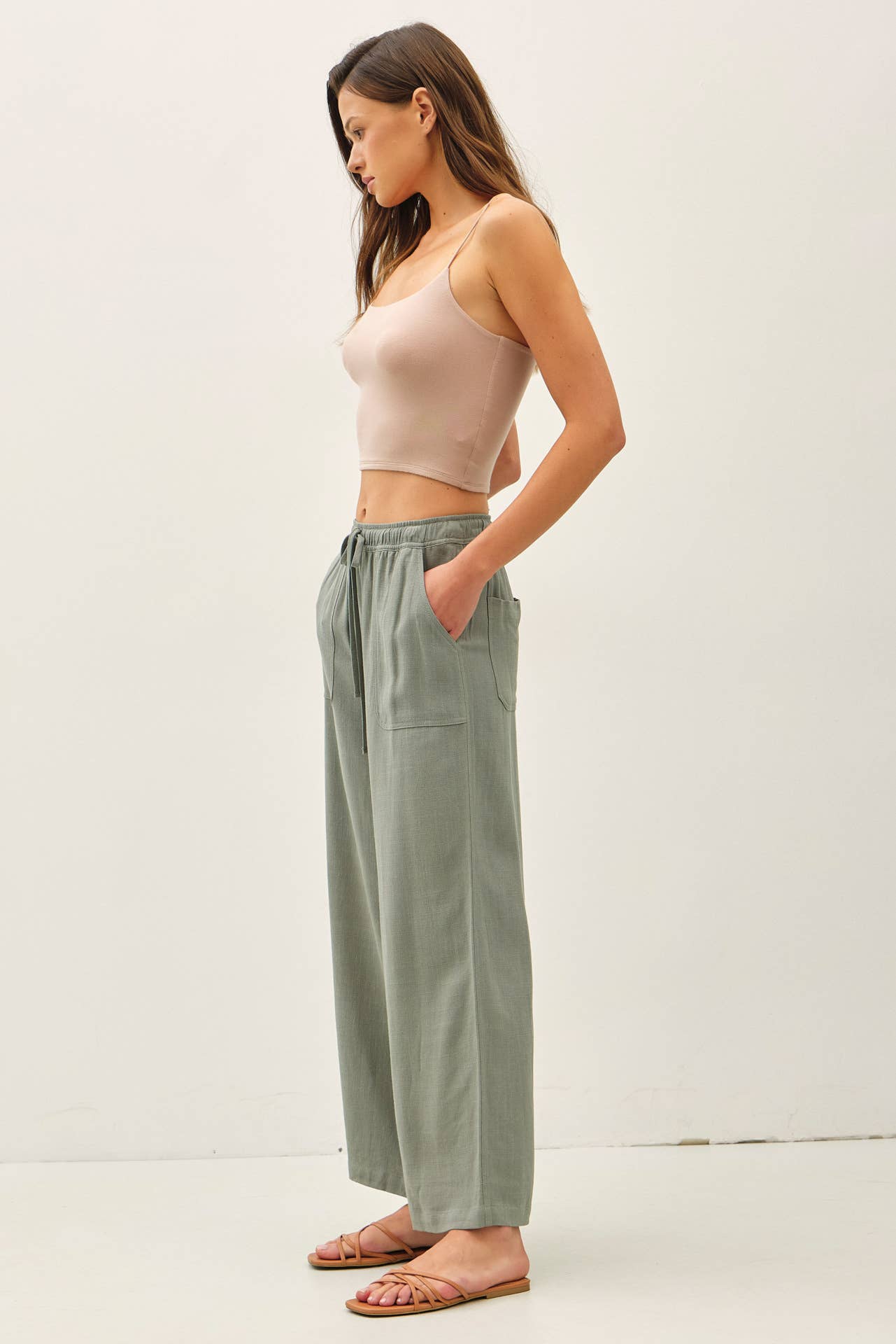 Linen Drawstring Waist Wide Leg Pants